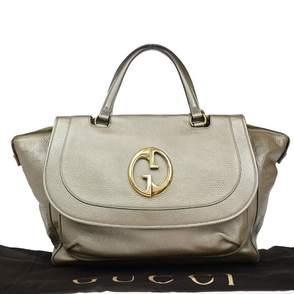 GUCCI Logo Double G Hand Bag Metallic Leather Gold Gold-plated Italy - Picture 1 of 16